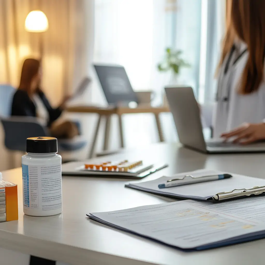 Vue rapprochée d'un bureau de consultation psychiatrique avec des dossiers, des médicaments et un médecin travaillant sur un ordinateur.
