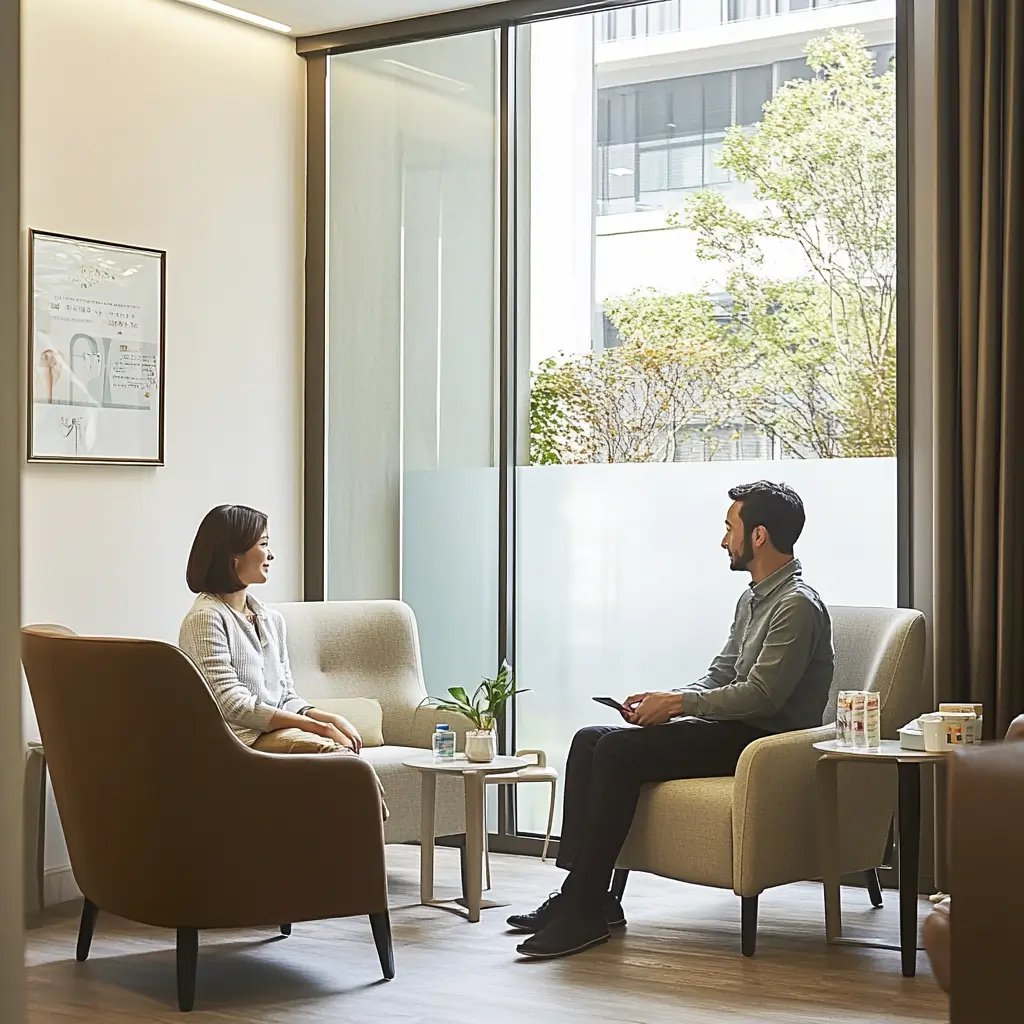 Consultation entre un psychiatre et une patiente dans une salle moderne et lumineuse avec des fauteuils confortables.